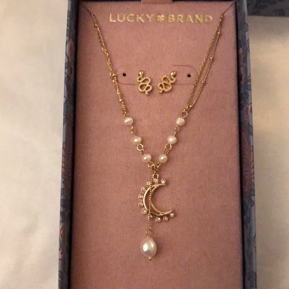 Lucky Brand Gold Tone Snake Stud Earrings & Moon Lariat Necklace NWT & Box - Picture 13 of 15